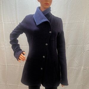 Prana purple and black striped coat with snaps and high collar